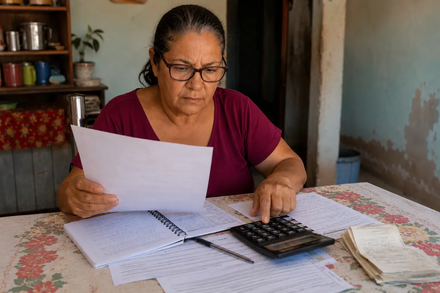 Mulher analisa documentos e faz cálculos sobre a renda familiar em uma casa simples após ter o BPC/LOAS negado por renda.